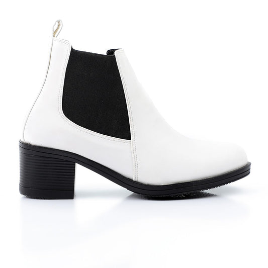 Faux Leather Block Heels Chelsea Boots - White