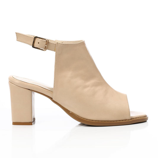 Leather Peep-Toe Block Heel Sandals - Beige