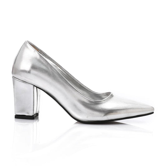 Faux Leather Pointed Toe Pumps - Silver