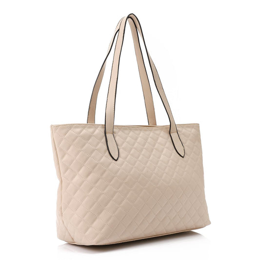 Faux Leather Quilted Tote Bag - Beige