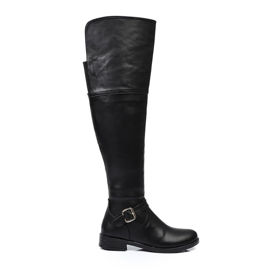Faux Leather Over-the-Knee Boot - Black