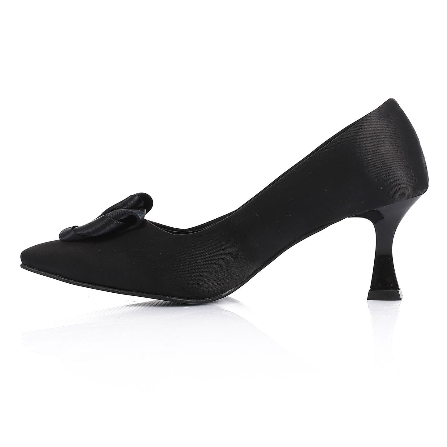 Satin Floral Pointed-Toe Kitten Heel Pump - Black