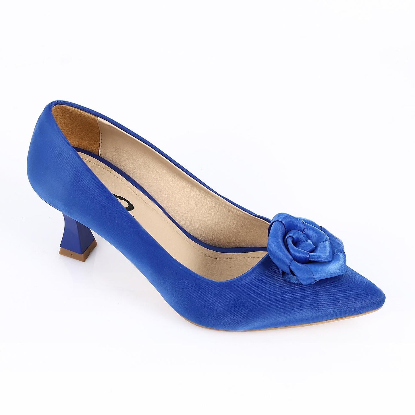 Satin Floral Pointed-Toe Kitten Heel Pump - Blue