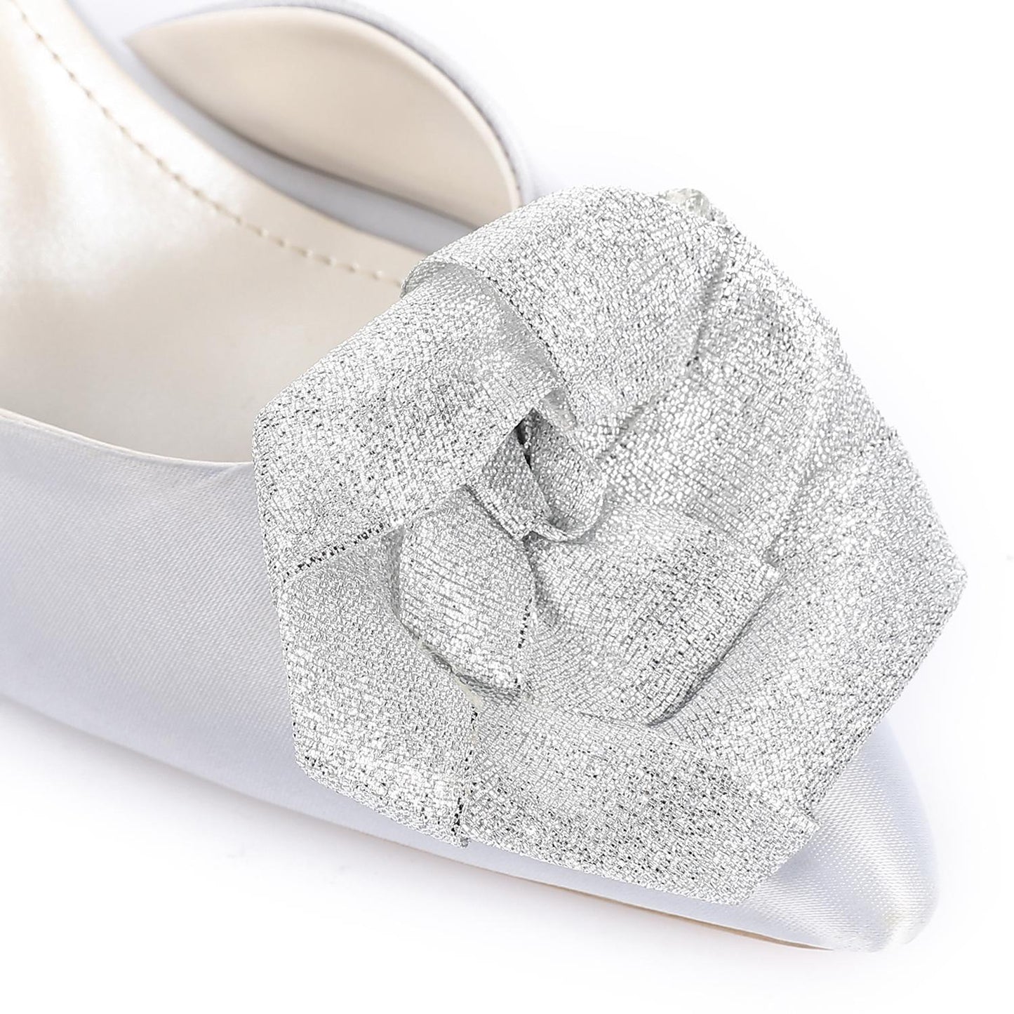 Synthetic Floral Pointed-Toe Kitten Heel Slingback Pump - Silver