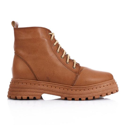 Faux Leather Textured Lace-up Combat Boot - Brown