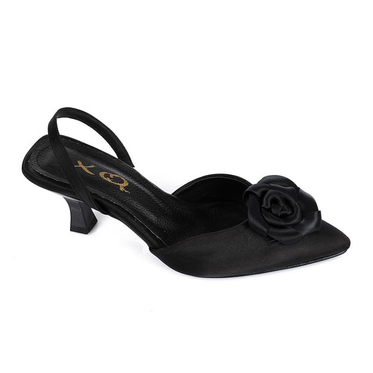 Suede Floral Pointed Toe Slingback Pumps - Black