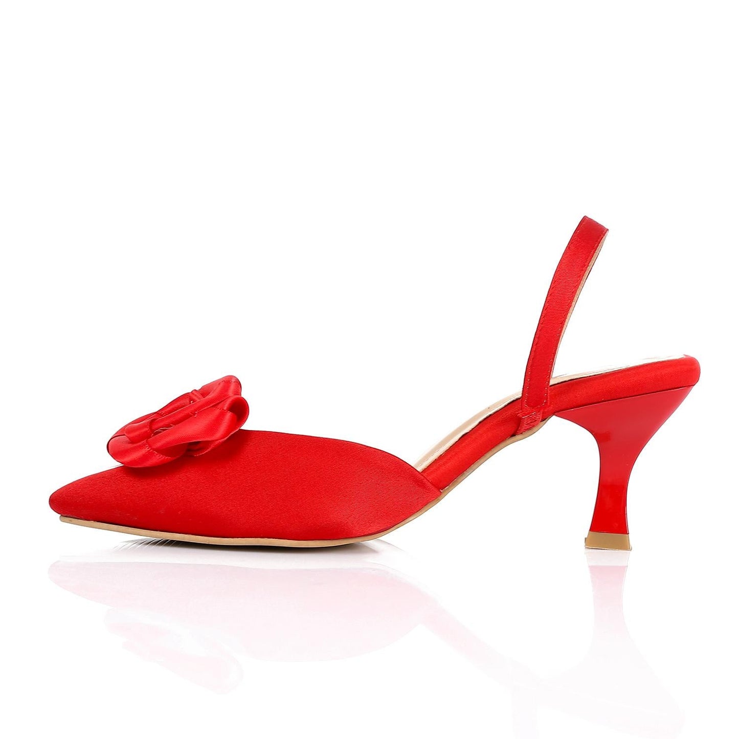 Suede Floral Pointed Toe Slingback Pumps - Red