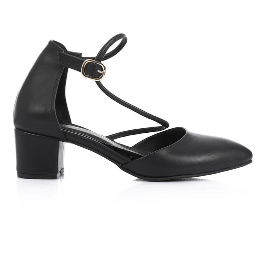 Faux Leather Ankle Strap Heels - Black