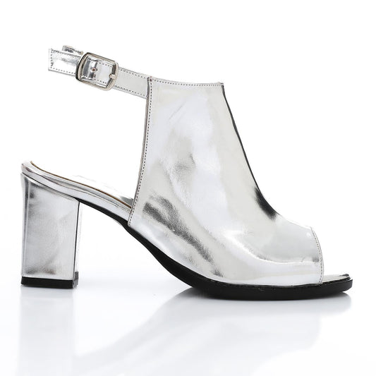 Leather Peep-Toe Block Heel Sandals - Silver
