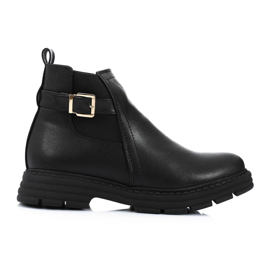 Leather Solid Ankle Boot - Black