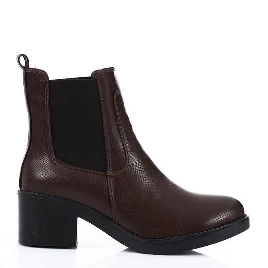 Block Heel Leather Slip On Ankle Boots - Brown