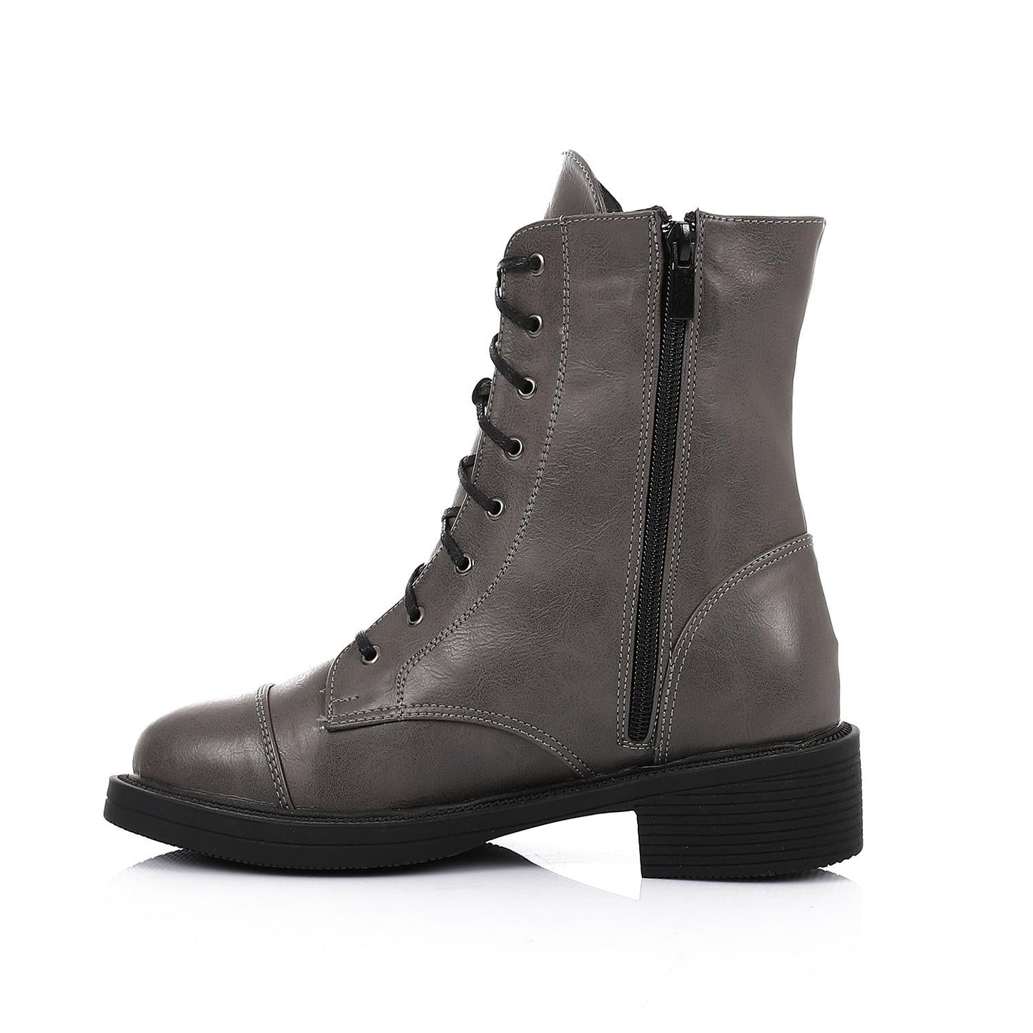 Leather Solid Combat Boots - Grey