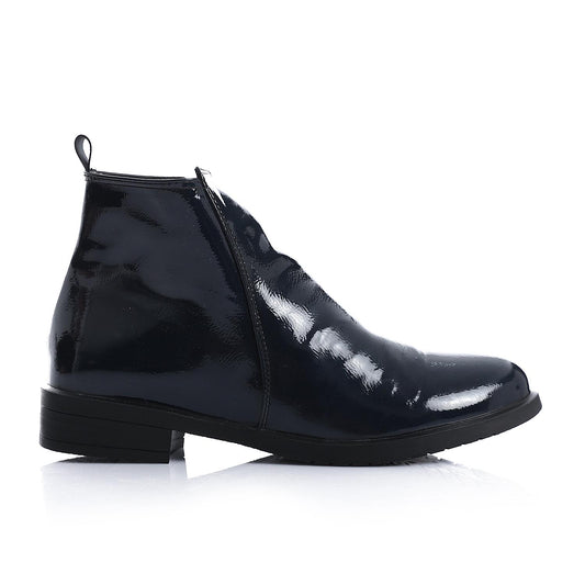 Patent Leather Solid Ankle Boots - Navy