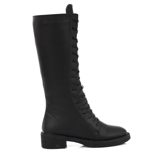 Leather Solid Knee-High Boots - Black
