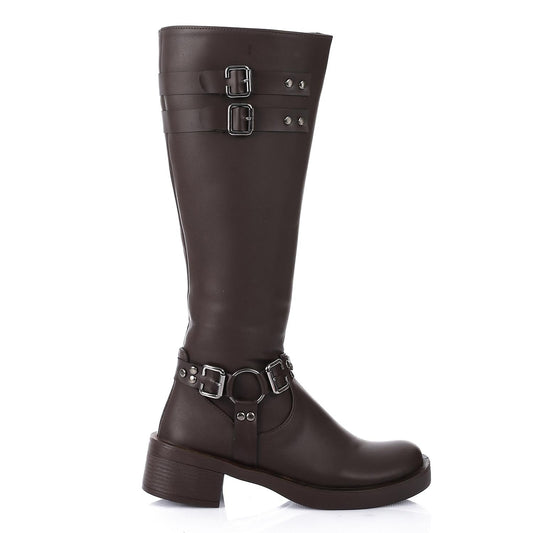 Faux Leather Solid Knee-High Boots - Brown
