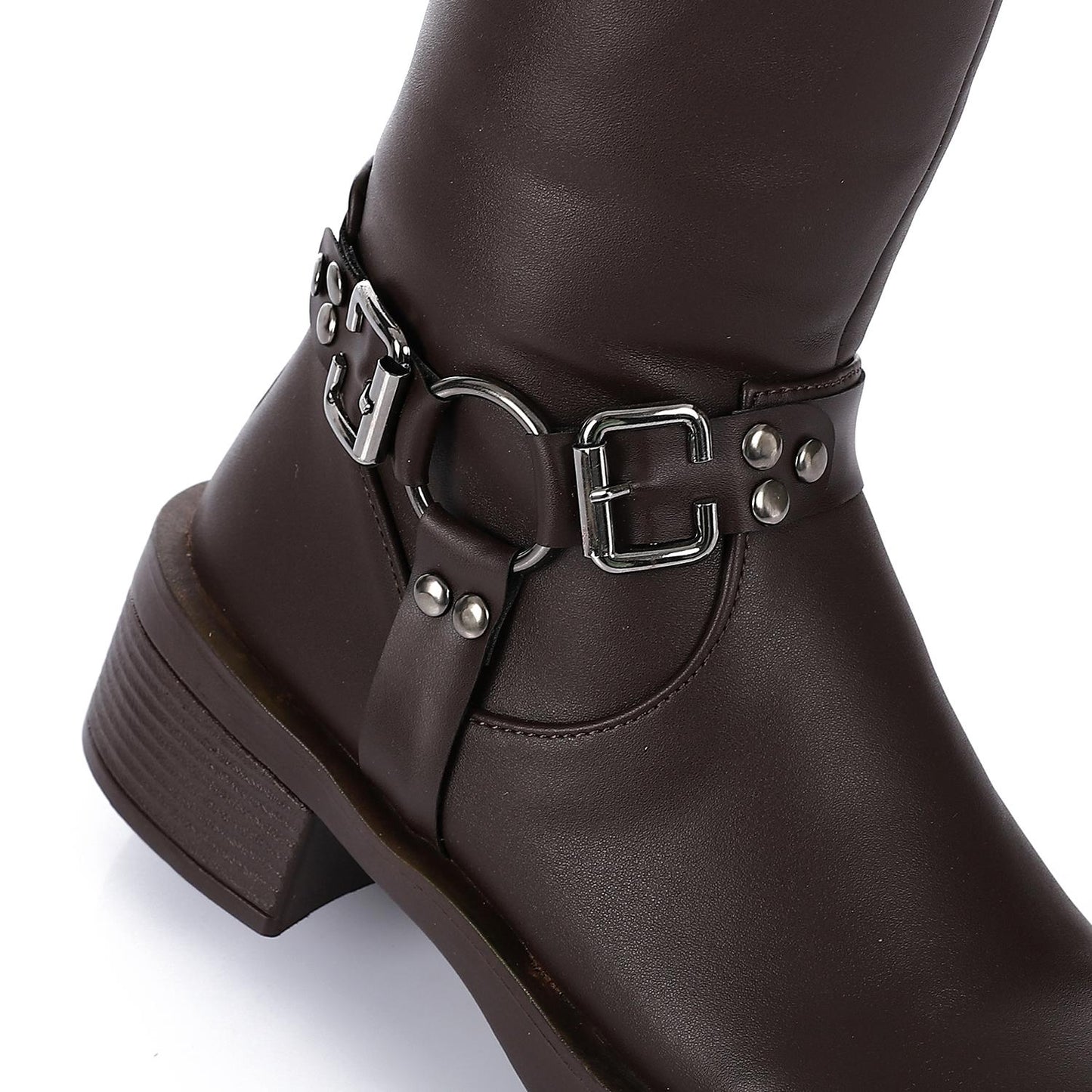 Faux Leather Solid Knee-High Boots - Brown
