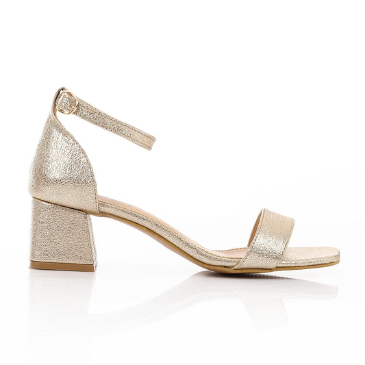 Faux Leather Low Heeled Ankle Strap Sandals - Gold