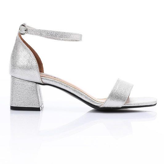Leather Low Heeled Ankle Strap Sandals - Silver