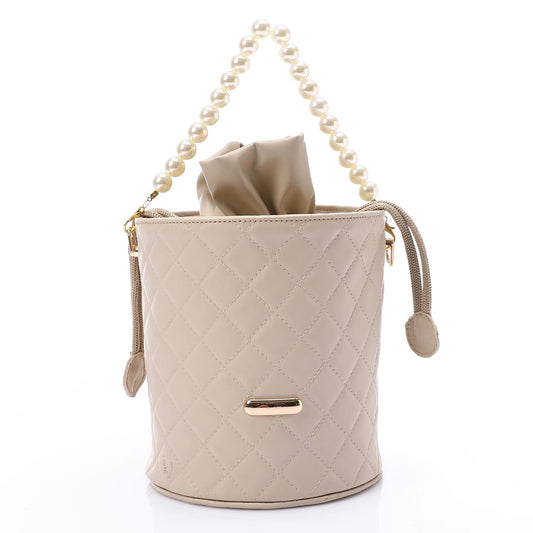 Faux leather Bucket Bag with Pearl Handle - Beige