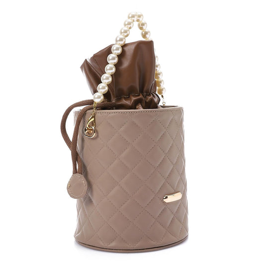 Faux leather Bucket Bag with Pearl Handle - Coffee