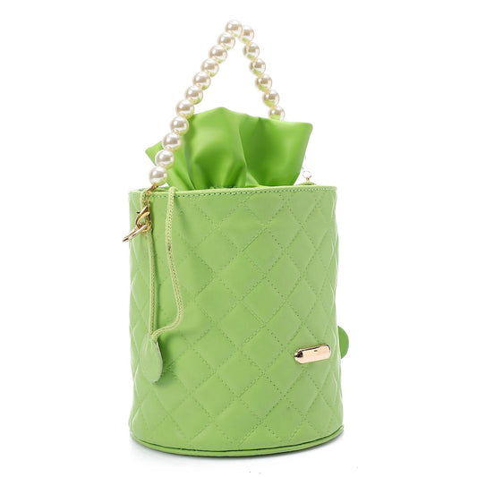 Faux leather Bucket Bag with Pearl Handle - Mint