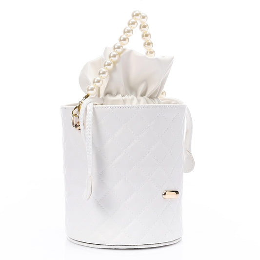 Faux leather Bucket Bag with Pearl Handle - White