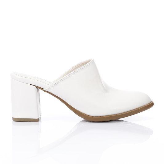 Leather Solid Block Heel Mules – White