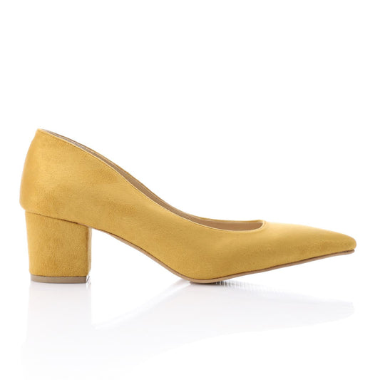 Suede Pointed-Toe Block Heel Pump - Mustard Yellow
