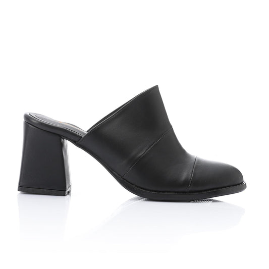Leather Solid Block Heel Mules – Black