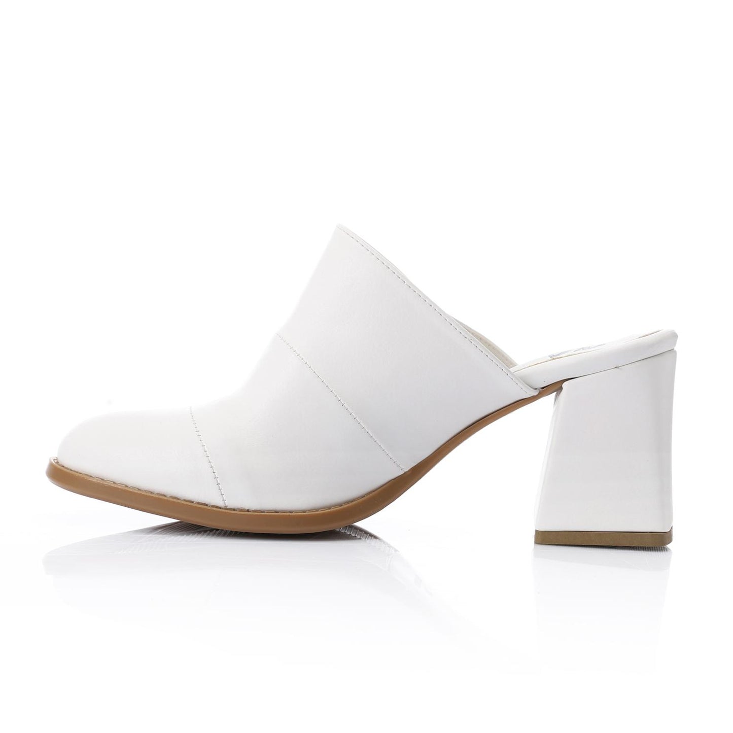 Leather Solid Block Heel Mules – White