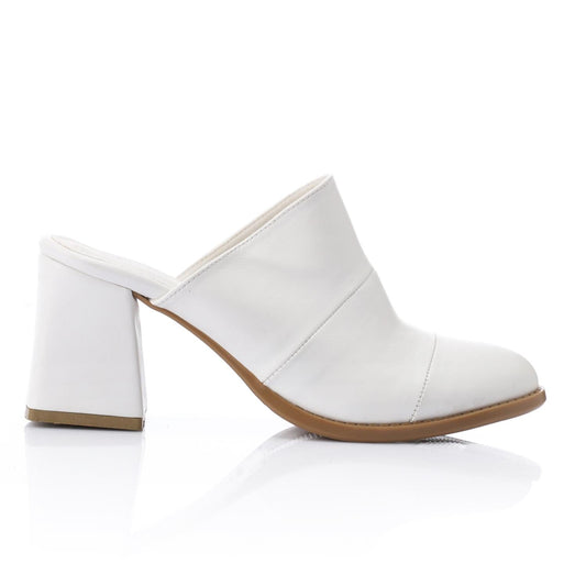 Leather Solid Block Heel Mules – White