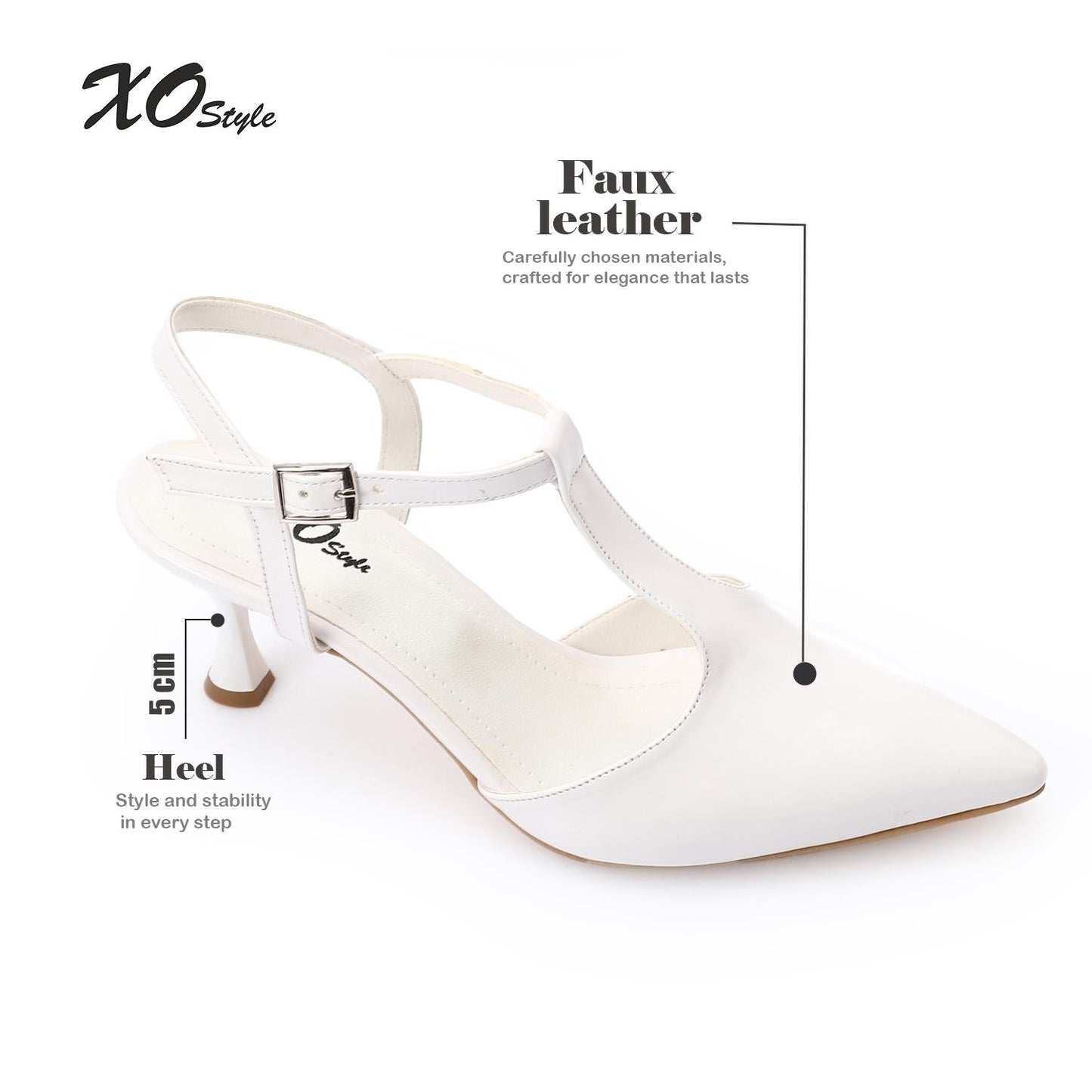 Faux Leather T-Strap Heeled Shoe – White