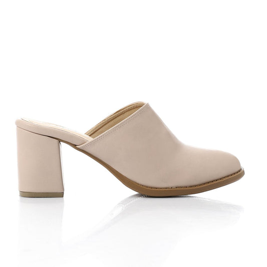 Faux Leather Solid Block Heel Mules – Beige
