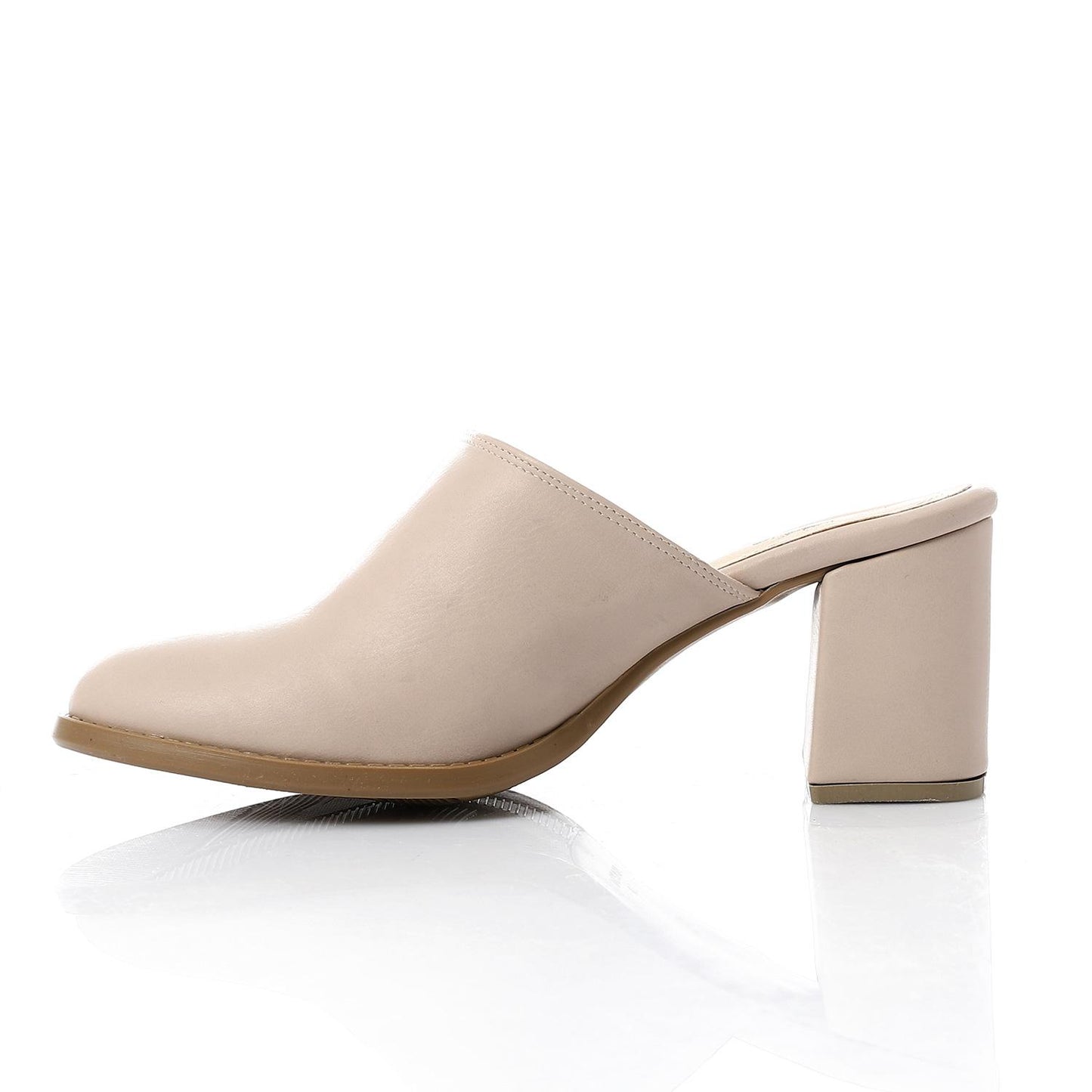 Faux Leather Solid Block Heel Mules – Beige