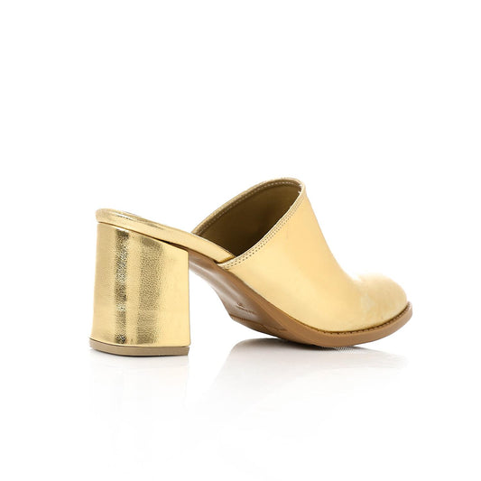 Faux Leather Solid Block Heel Mules – Gold