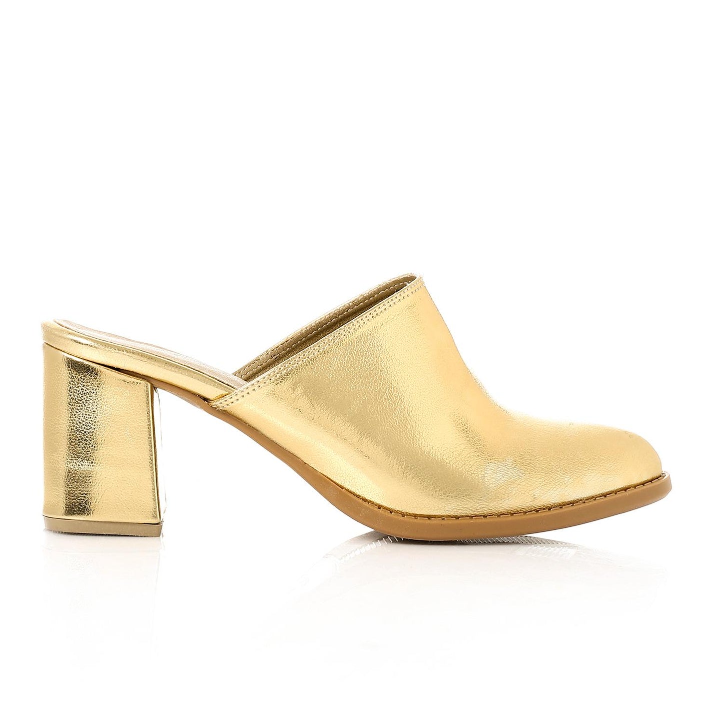 Faux Leather Solid Block Heel Mules – Gold