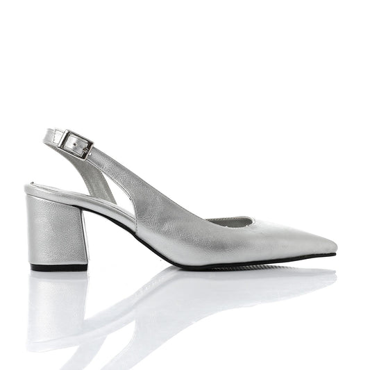 Faux Leather Solid Block Heel Slingback Pumps - Silver
