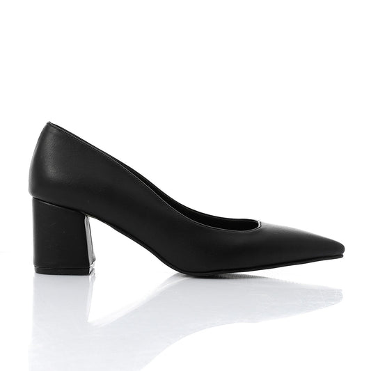 Faux Leather Solid Block Heel Pumps – Black