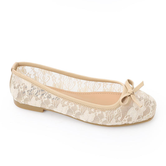 Leather & Lace Floral Ballet Flats – Beige