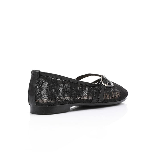 Leather & Lace Floral Ballet Flats – Black