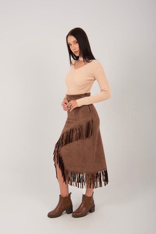 Suede Fringe Midi Skirt