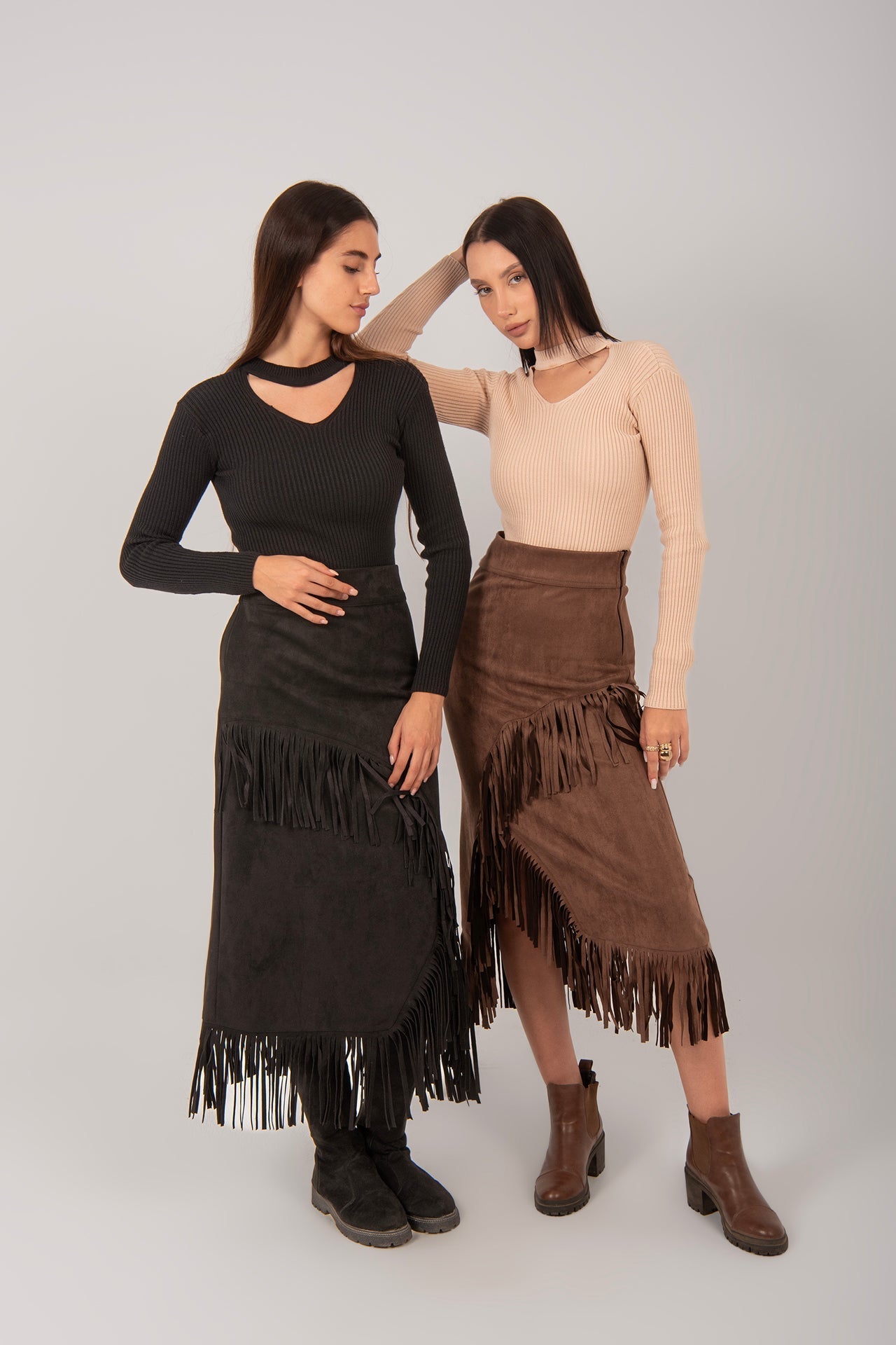 Suede Fringe Midi Skirt