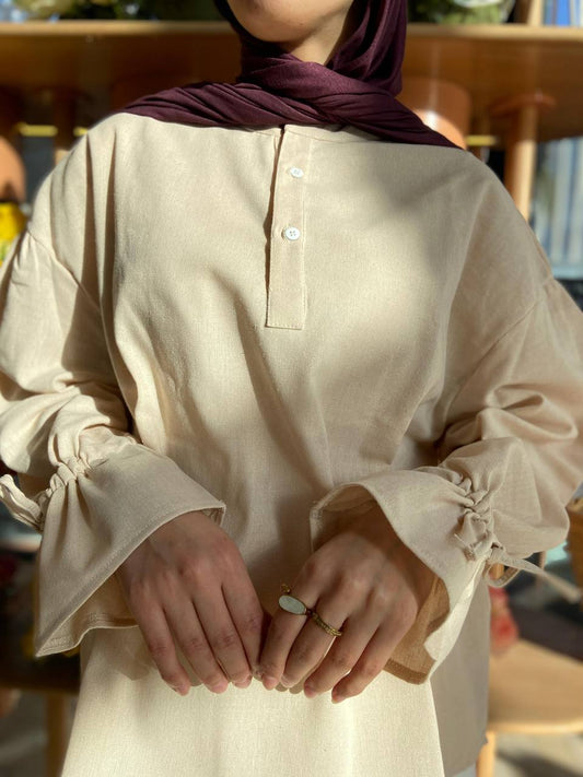 Linen Bell Sleeves Blouse – Beige