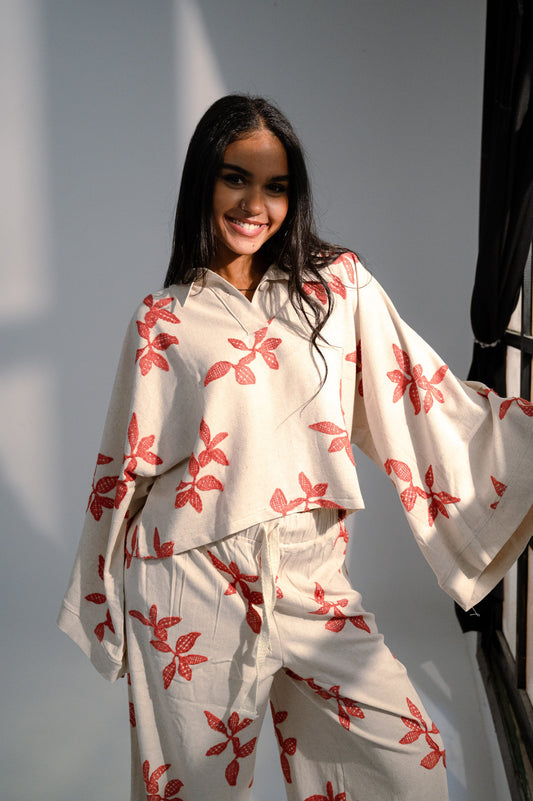 Linen Oversized Floral Print Set – Beige & Red