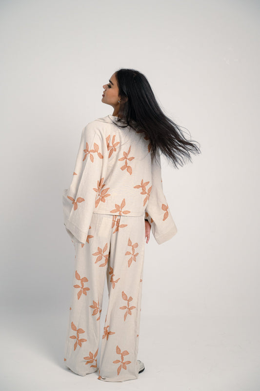 Linen Oversized Floral Print Set – Beige & Orange