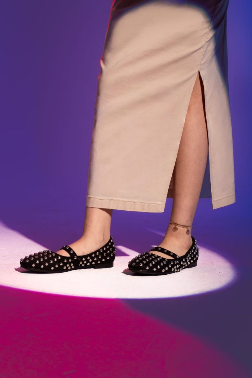 Velvet Fabric Studded Ballarina - Black