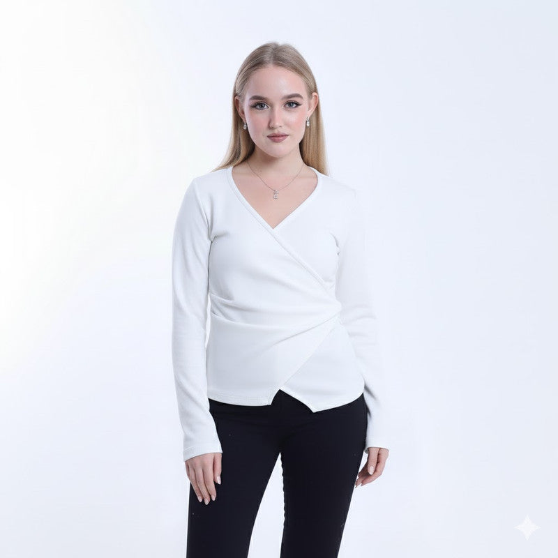Soft Wool Solid Cross-Body Blouse – Off White
