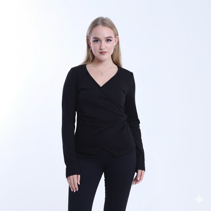 Soft Wool Solid Cross-Body Blouse – Black