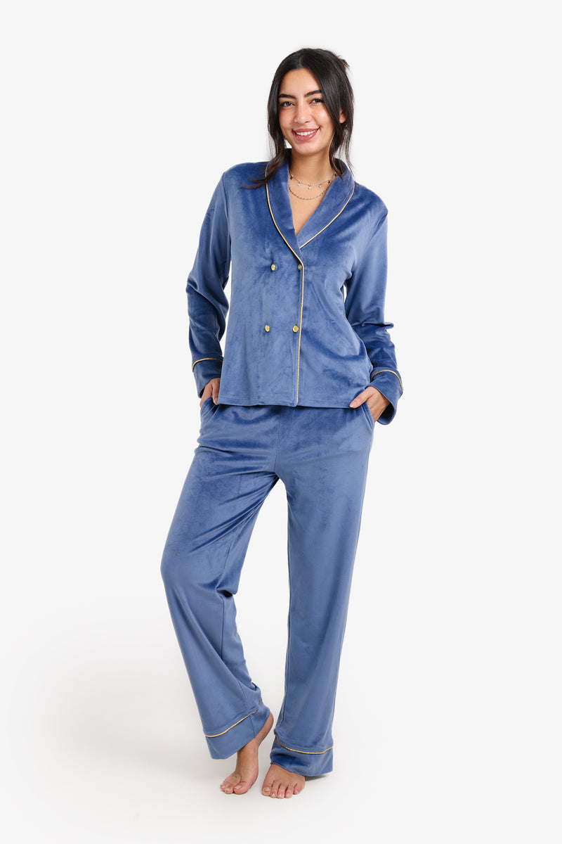 Velvet Double-Breasted Pyjama Set – Dark Indigo