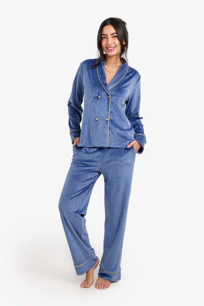 Velvet Double-Breasted Pyjama Set – Dark Indigo